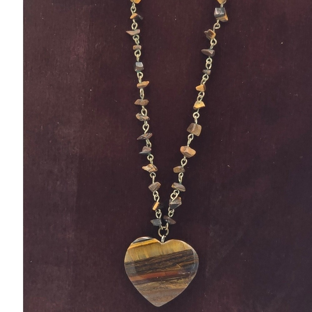 Vintage Genuine Tigers Eye Heart Pendant Necklace Chip Bead Boho 16" + Extender